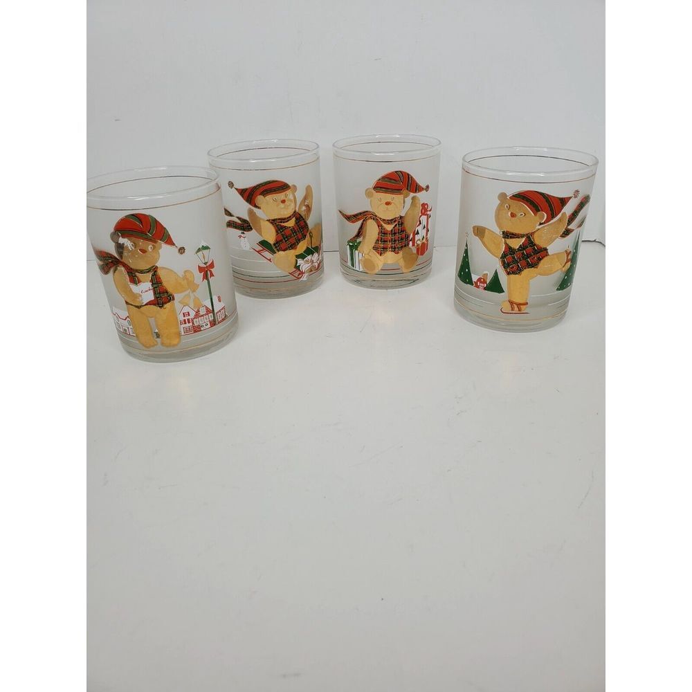 Vtg Culver Yule Bear Set of 4 Christmas 14 oz. Frosted Glasses 22k Gold 609-204